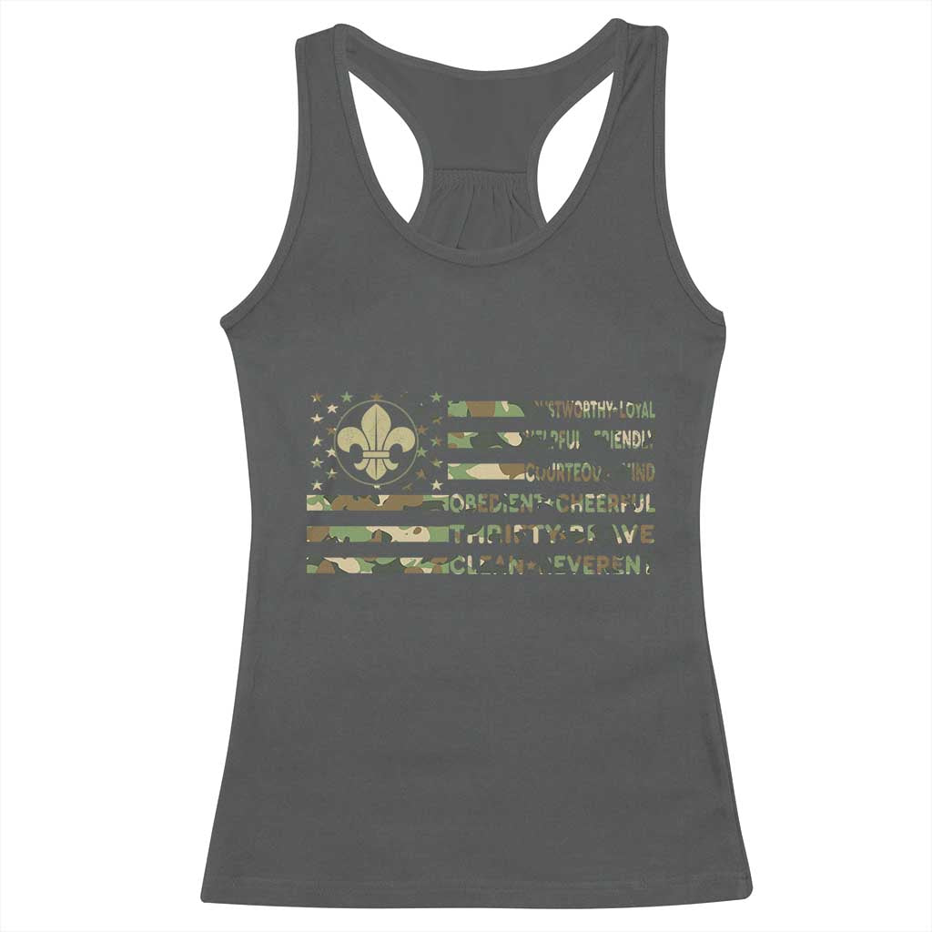 Scout Law Values Racerback Tank Top American Camo Flag Retro Vintage TS02 Dark Heather Print Your Wear