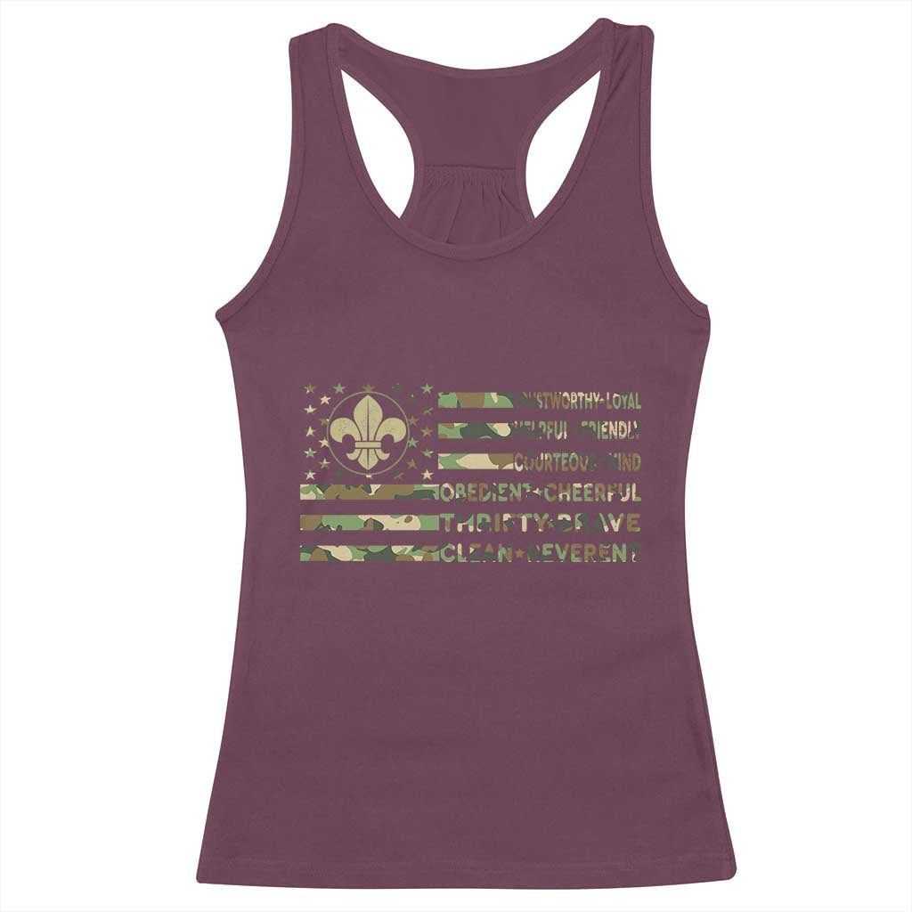 Scout Law Values Racerback Tank Top American Camo Flag Retro Vintage TS02 Maroon Print Your Wear