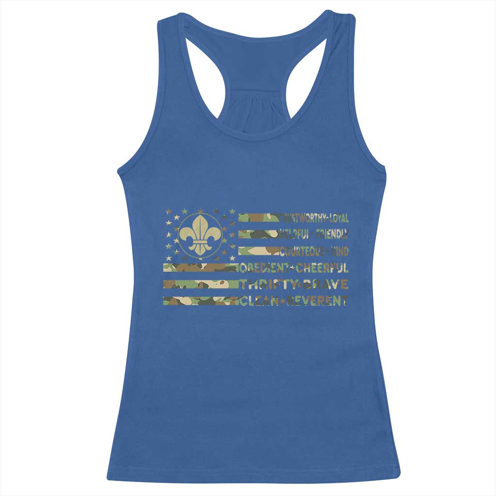 Scout Law Values Racerback Tank Top American Camo Flag Retro Vintage TS02 Royal Blue Print Your Wear