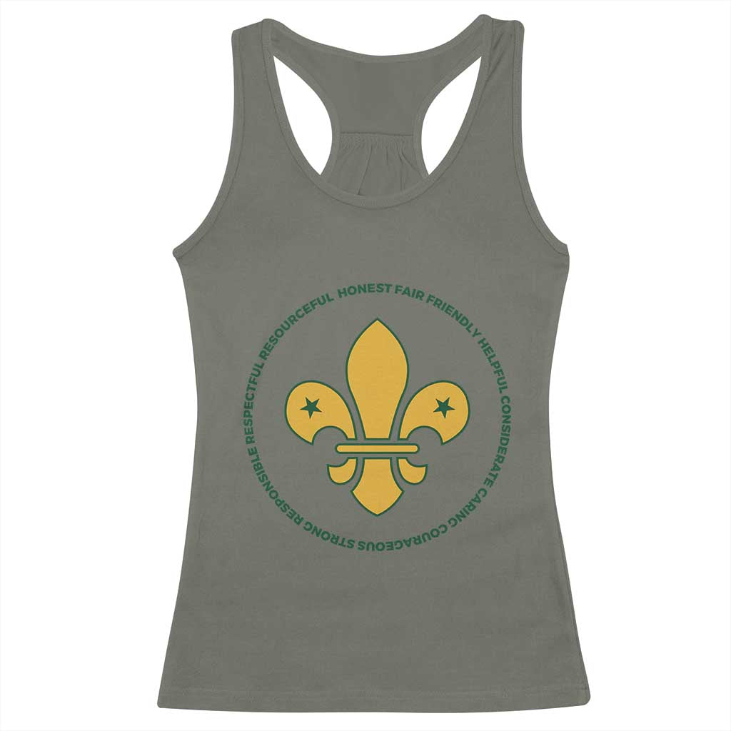 Scout Law Values Racerback Tank Top Scouting Troop Leader Fleur-de-Lis TS02 Military Green Print Your Wear