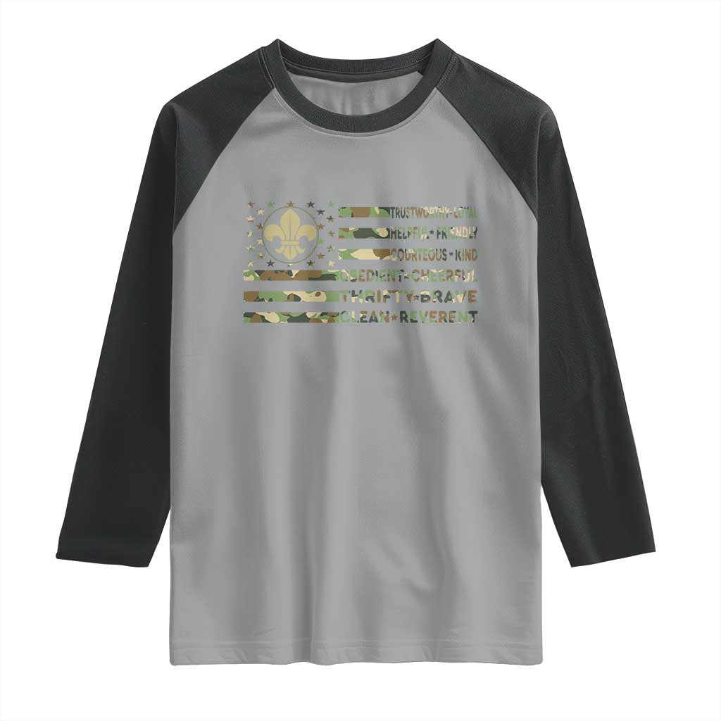 Scout Law Values Raglan Shirt American Camo Flag Retro Vintage TS02 Sport Gray Black Print Your Wear