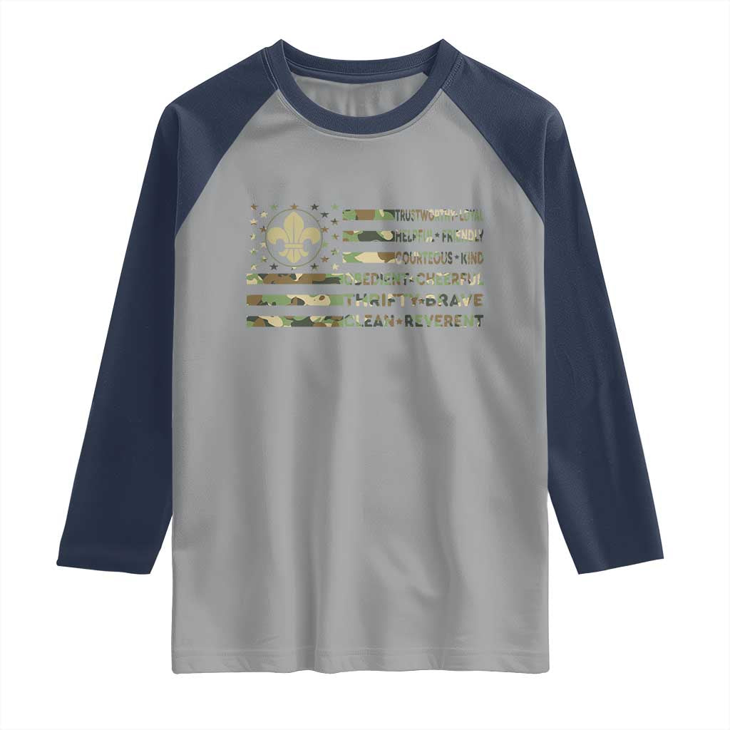 Scout Law Values Raglan Shirt American Camo Flag Retro Vintage TS02 Sport Gray Navy Print Your Wear