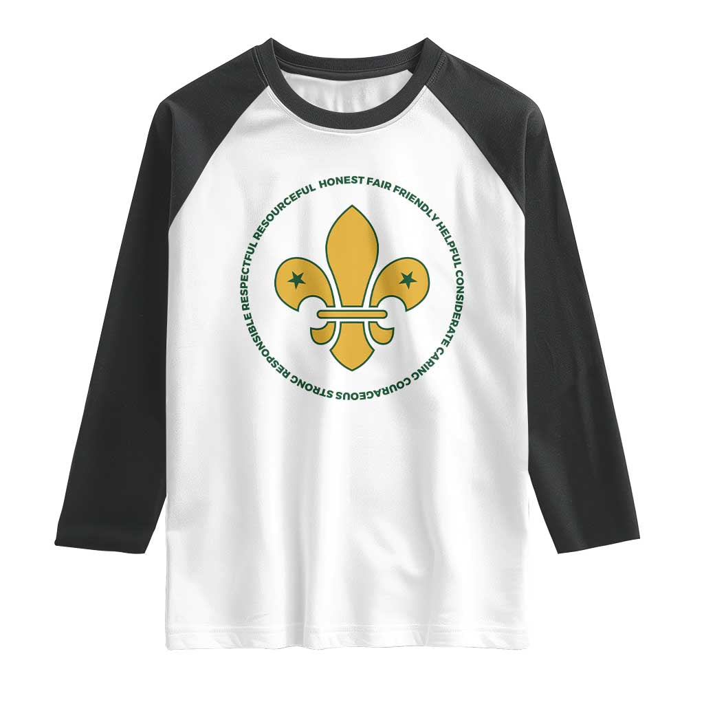 Scout Law Values Raglan Shirt Scouting Troop Leader Fleur-de-Lis TS02 White Black Print Your Wear