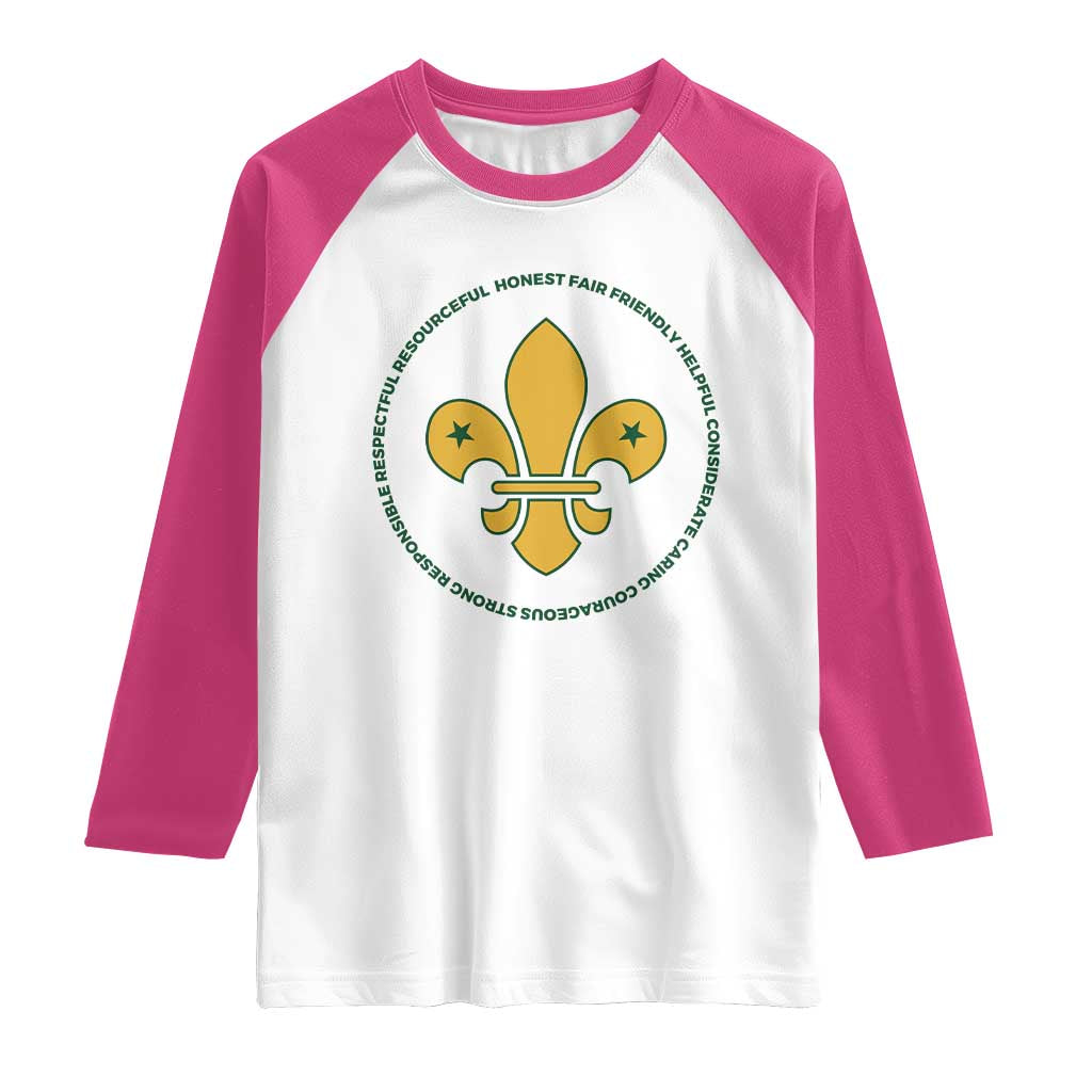 Scout Law Values Raglan Shirt Scouting Troop Leader Fleur-de-Lis TS02 White Heliconia Print Your Wear