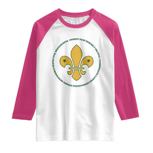 Scout Law Values Raglan Shirt Scouting Troop Leader Fleur-de-Lis TS02 White Heliconia Print Your Wear