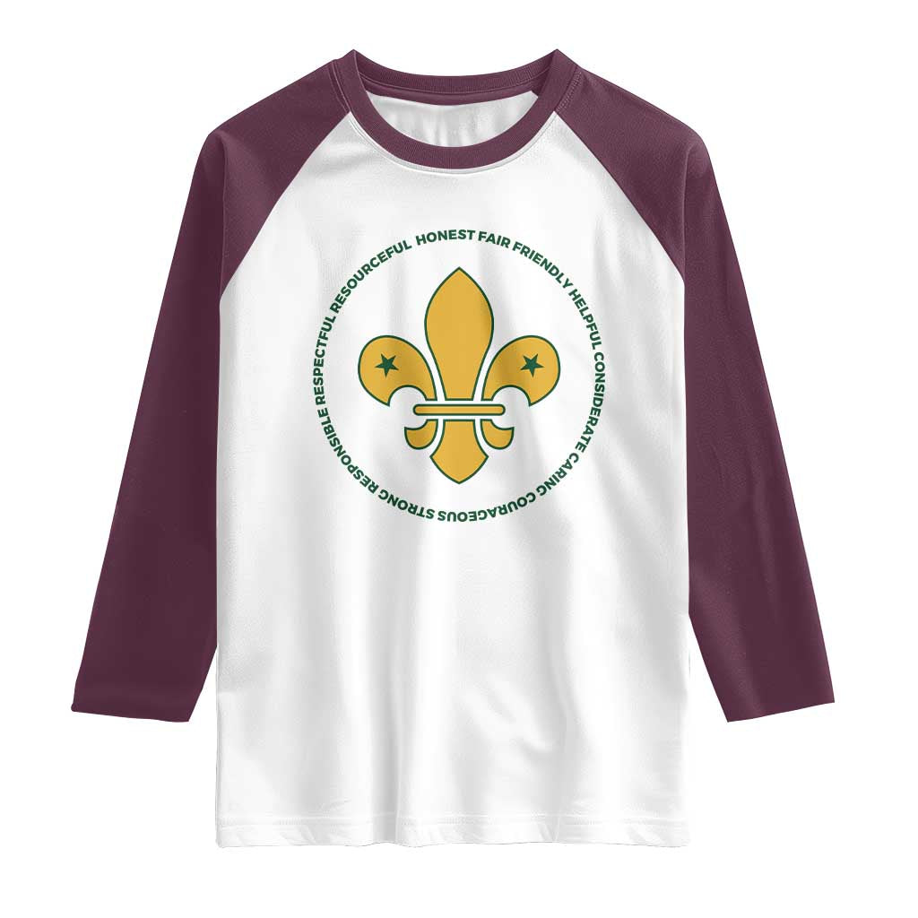 Scout Law Values Raglan Shirt Scouting Troop Leader Fleur-de-Lis TS02 White Maroon Print Your Wear