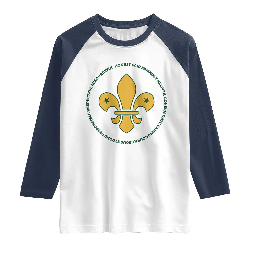 Scout Law Values Raglan Shirt Scouting Troop Leader Fleur-de-Lis TS02 White Navy Print Your Wear