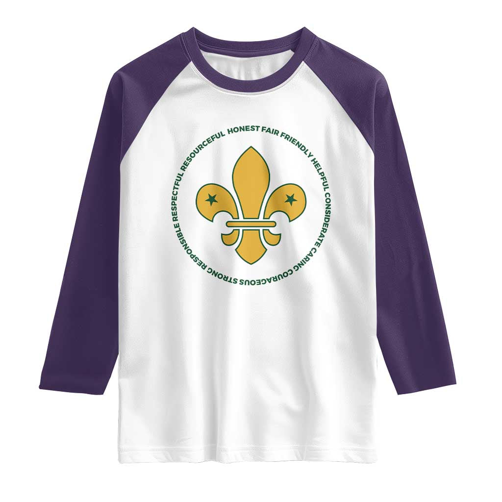 Scout Law Values Raglan Shirt Scouting Troop Leader Fleur-de-Lis TS02 White Purple Print Your Wear