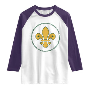 Scout Law Values Raglan Shirt Scouting Troop Leader Fleur-de-Lis TS02 White Purple Print Your Wear