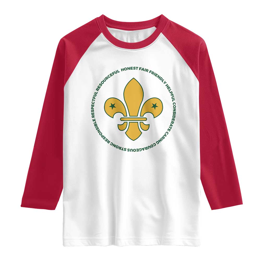 Scout Law Values Raglan Shirt Scouting Troop Leader Fleur-de-Lis TS02 White Red Print Your Wear