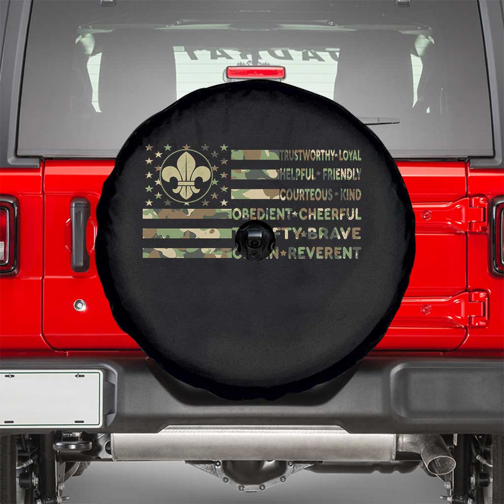 Scout Law Values Spare Tire Cover American Camo Flag Retro Vintage TS02 Black Print Your Wear