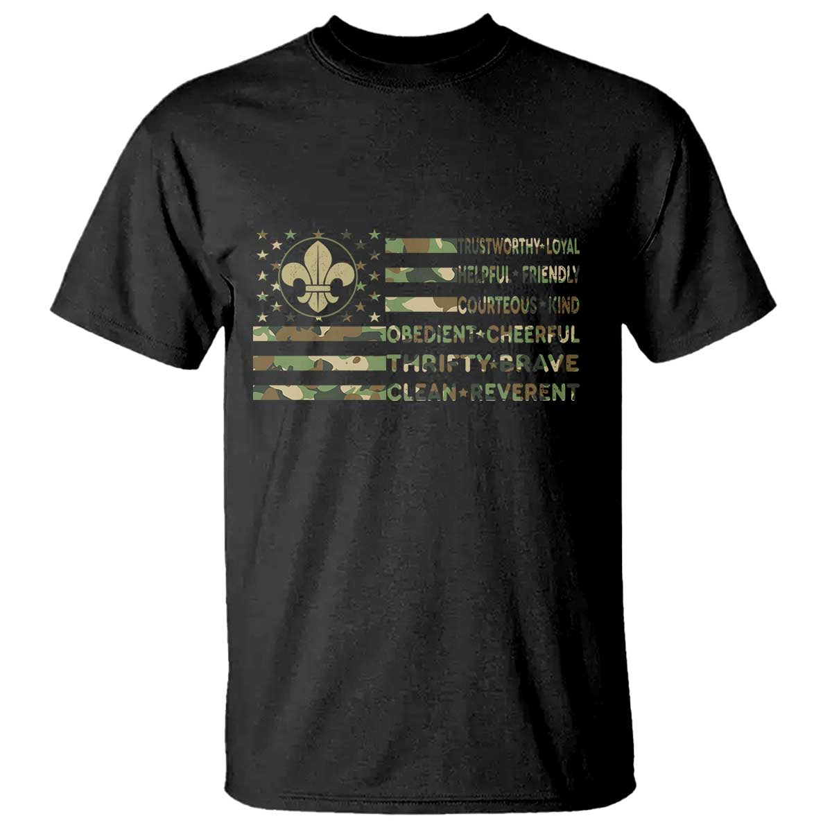 Scout Law Values T Shirt American Camo Flag Retro Vintage TS02 Black Print Your Wear