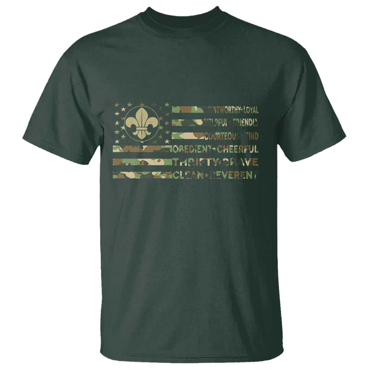 Scout Law Values T Shirt American Camo Flag Retro Vintage TS02 Dark Forest Green Print Your Wear