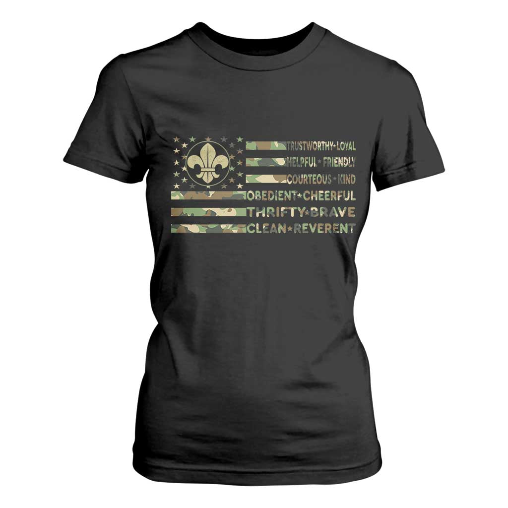 Scout Law Values T Shirt For Women American Camo Flag Retro Vintage TS02 Black Print Your Wear