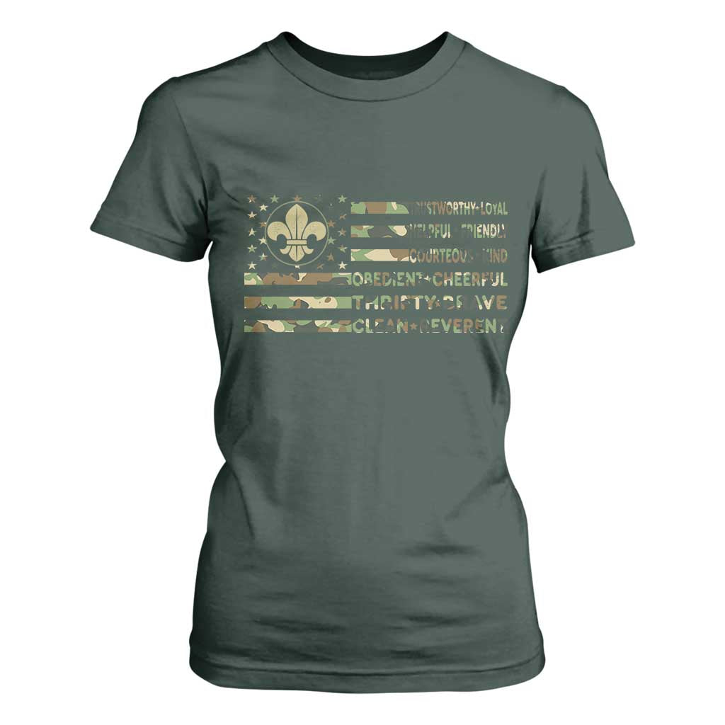 Scout Law Values T Shirt For Women American Camo Flag Retro Vintage TS02 Dark Forest Green Print Your Wear