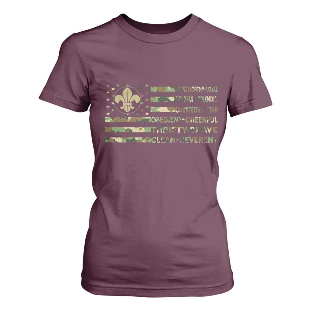 Scout Law Values T Shirt For Women American Camo Flag Retro Vintage TS02 Maroon Print Your Wear