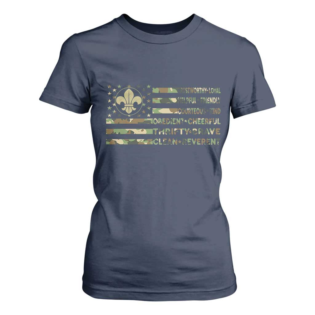 Scout Law Values T Shirt For Women American Camo Flag Retro Vintage TS02 Navy Print Your Wear