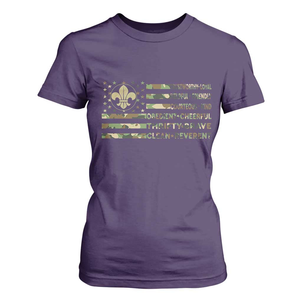 Scout Law Values T Shirt For Women American Camo Flag Retro Vintage TS02 Purple Print Your Wear