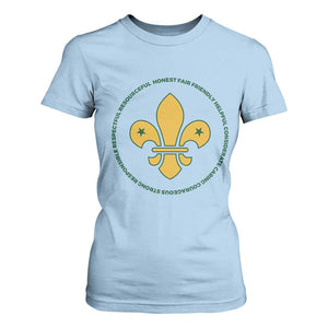 Scout Law Values T Shirt For Women Scouting Troop Leader Fleur-de-Lis TS02 Light Blue Print Your Wear