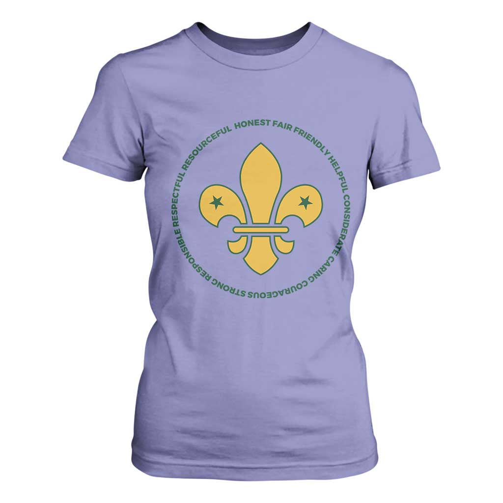 Scout Law Values T Shirt For Women Scouting Troop Leader Fleur-de-Lis TS02 Violet Print Your Wear