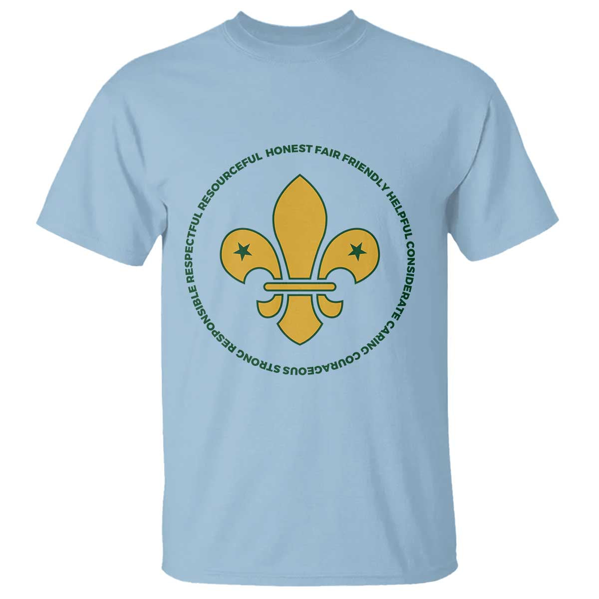 Scout Law Values T Shirt Scouting Troop Leader Fleur-de-Lis TS02 Light Blue Print Your Wear