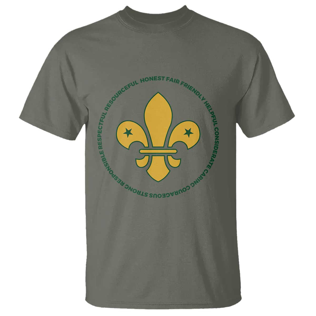 Scout Law Values T Shirt Scouting Troop Leader Fleur-de-Lis TS02 Military Green Print Your Wear