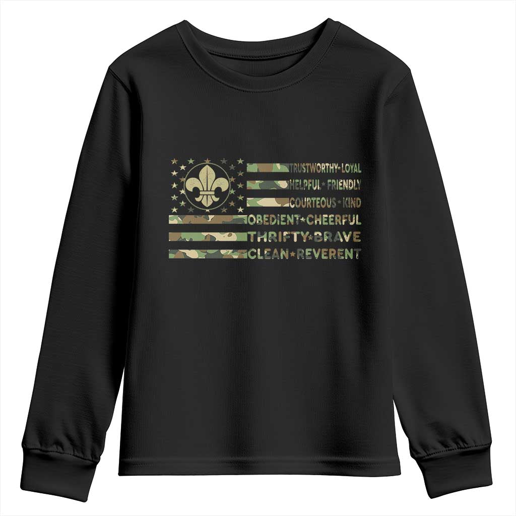 Scout Law Values Youth Sweatshirt American Camo Flag Retro Vintage TS02 Black Print Your Wear