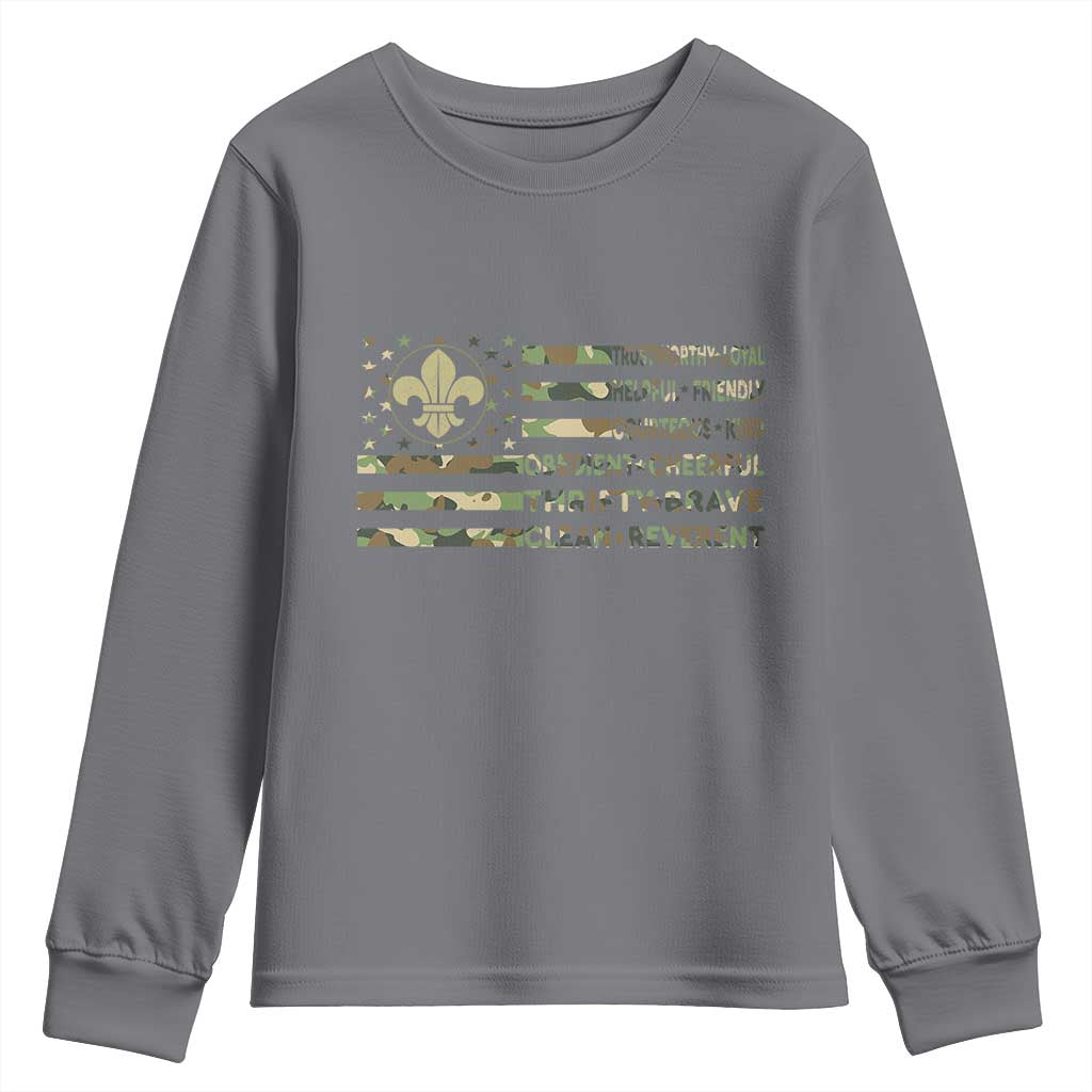 Scout Law Values Youth Sweatshirt American Camo Flag Retro Vintage TS02 Charcoal Print Your Wear