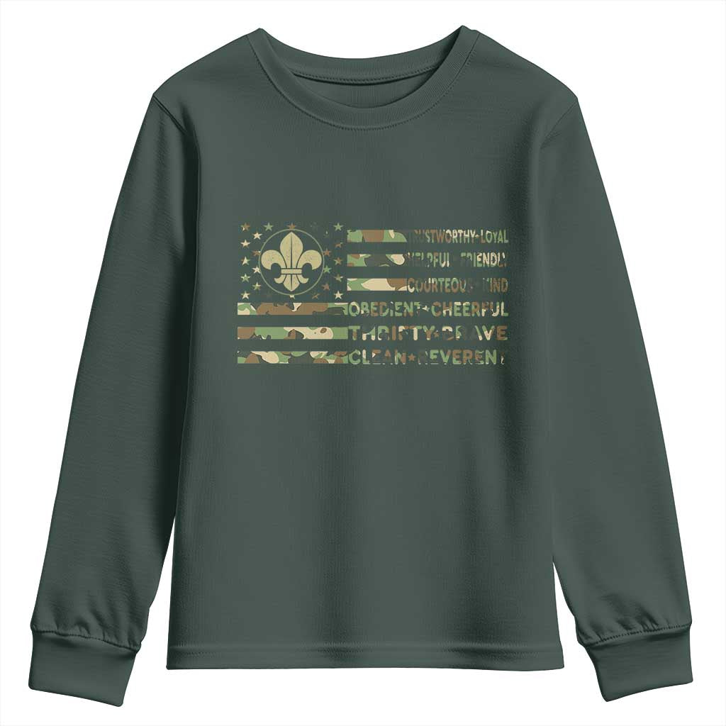 Scout Law Values Youth Sweatshirt American Camo Flag Retro Vintage TS02 Dark Forest Green Print Your Wear