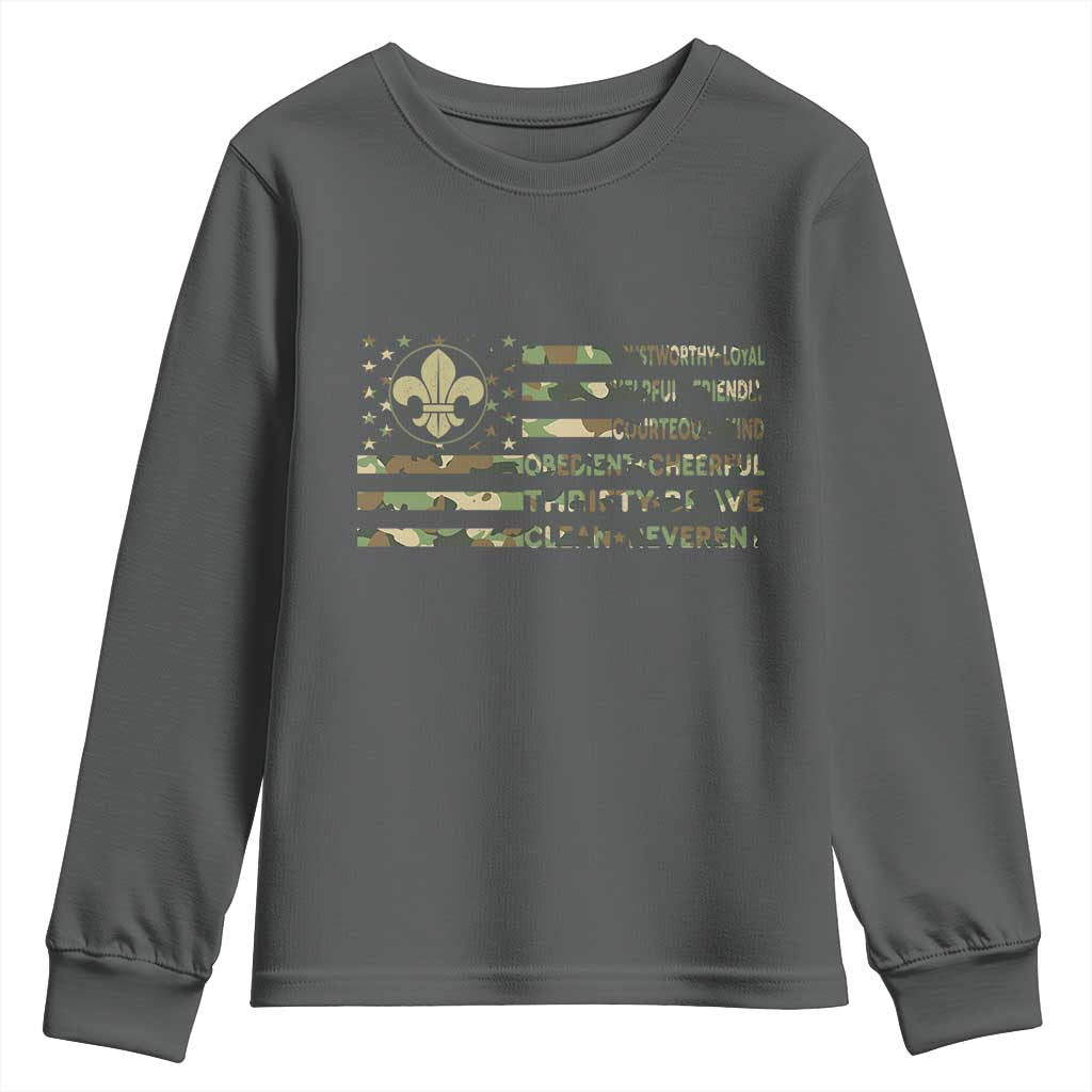 Scout Law Values Youth Sweatshirt American Camo Flag Retro Vintage TS02 Dark Heather Print Your Wear