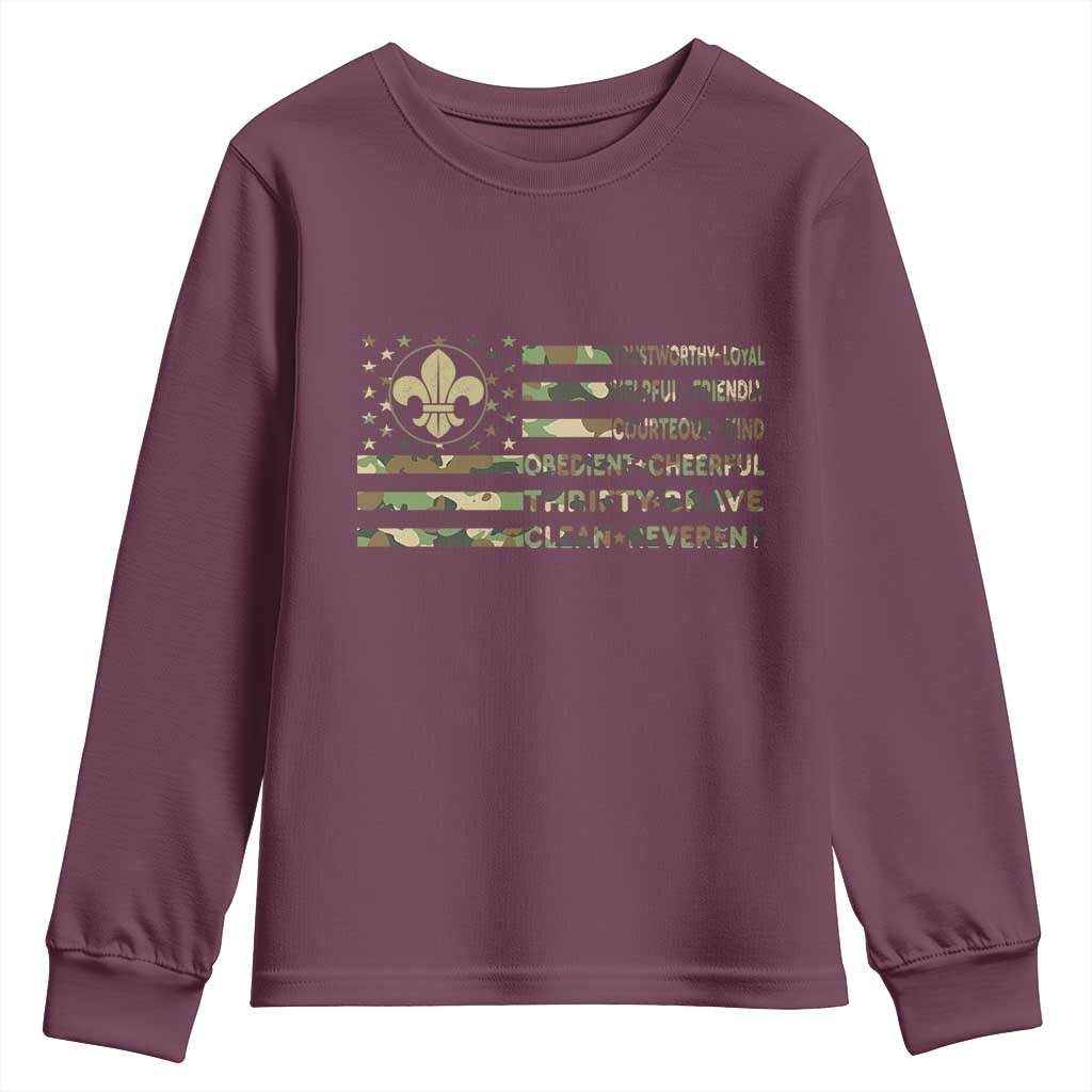 Scout Law Values Youth Sweatshirt American Camo Flag Retro Vintage TS02 Maroon Print Your Wear