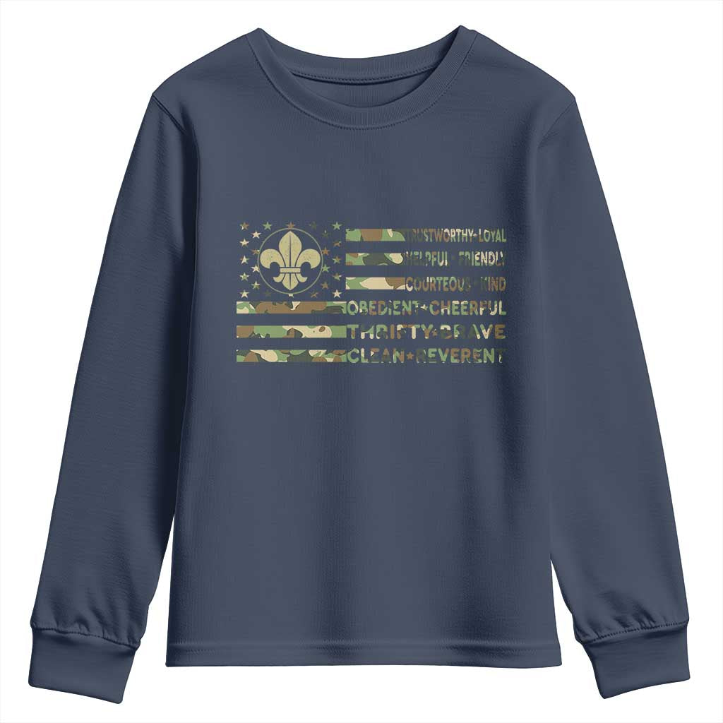 Scout Law Values Youth Sweatshirt American Camo Flag Retro Vintage TS02 Navy Print Your Wear
