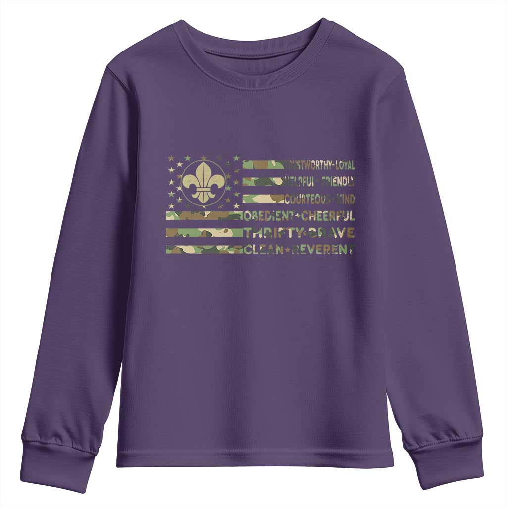 Scout Law Values Youth Sweatshirt American Camo Flag Retro Vintage TS02 Purple Print Your Wear