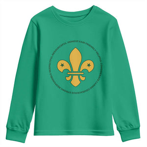 Scout Law Values Youth Sweatshirt Scouting Troop Leader Fleur-de-Lis TS02 Irish Green Print Your Wear