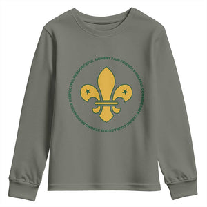 Scout Law Values Youth Sweatshirt Scouting Troop Leader Fleur-de-Lis TS02 Military Green Print Your Wear