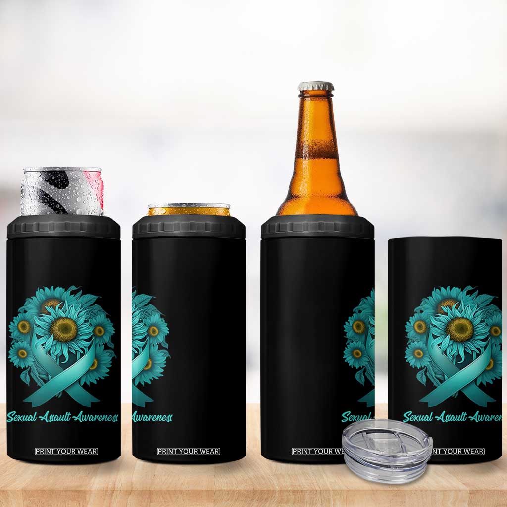 Sexual Assault Awareness 4 in 1 Can Cooler Tumbler Teal Ribbon Sunflowers Support TS02 Print Your Wear