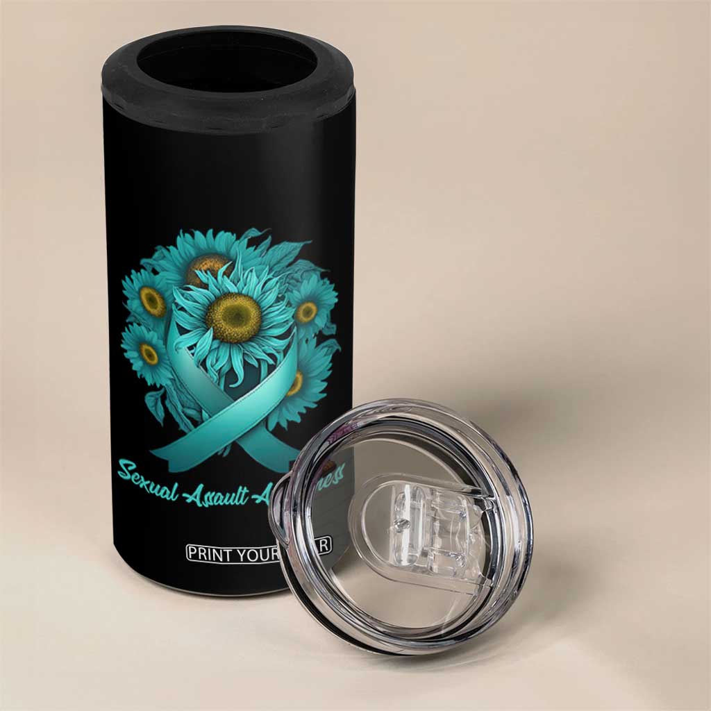 Sexual Assault Awareness 4 in 1 Can Cooler Tumbler Teal Ribbon Sunflowers Support TS02 Print Your Wear