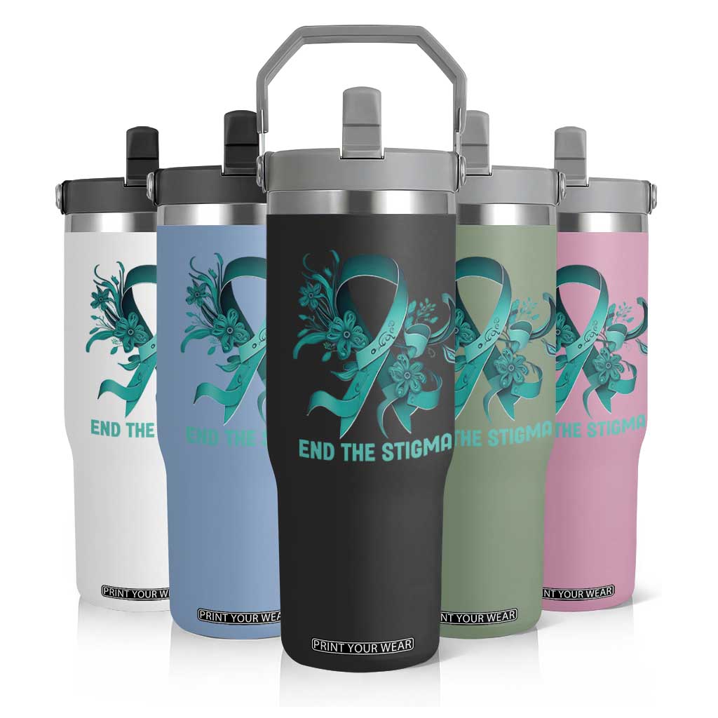 Sexual Assault Awareness Flip Straw Tumbler End The Stigma Teal Floral Ribbon TS02 Print Your Wear