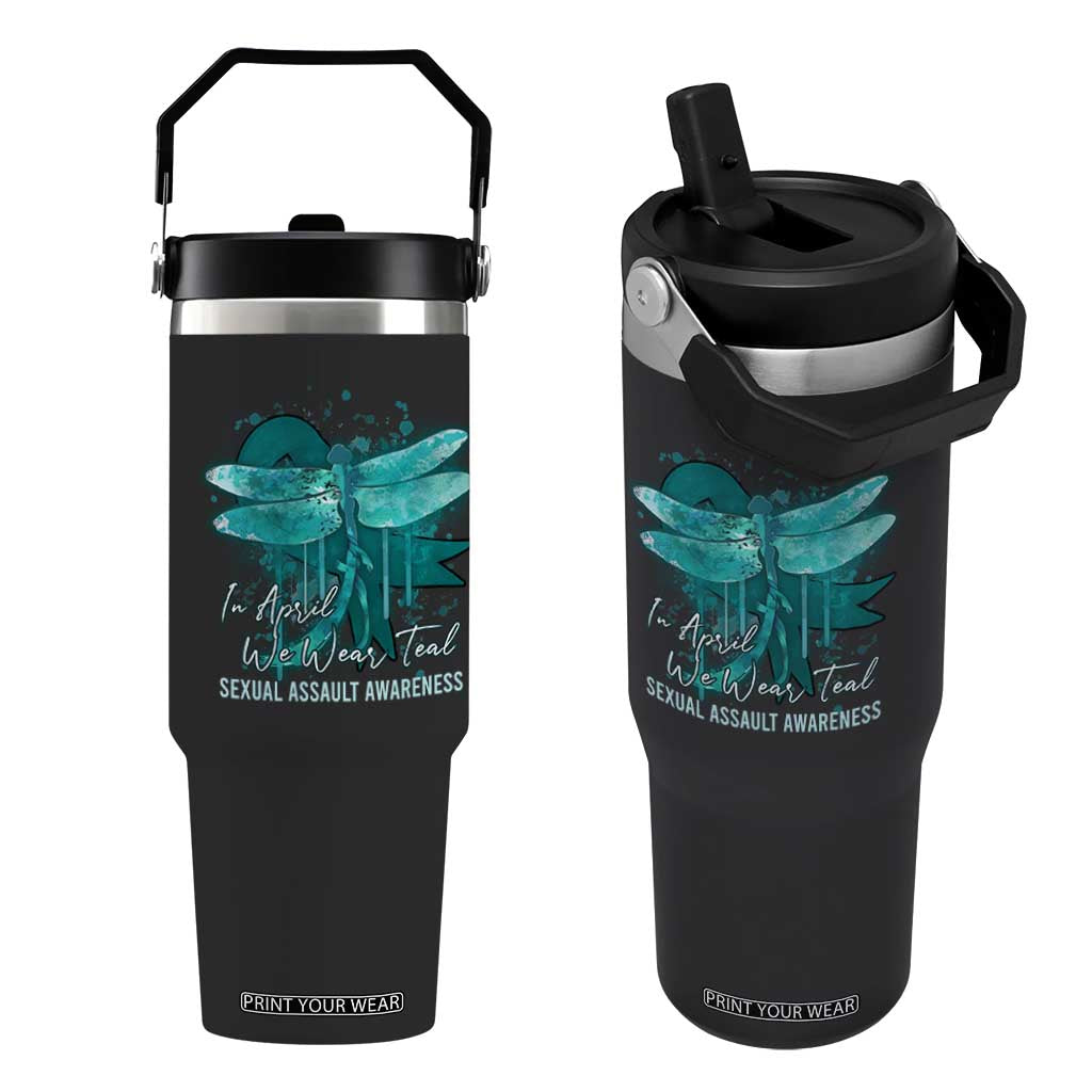 Sexual Assault Awareness Flip Straw Tumbler In April We Wear Teal Ribbon Butterfly TS02 One Size: 30 oz Black Print Your Wear