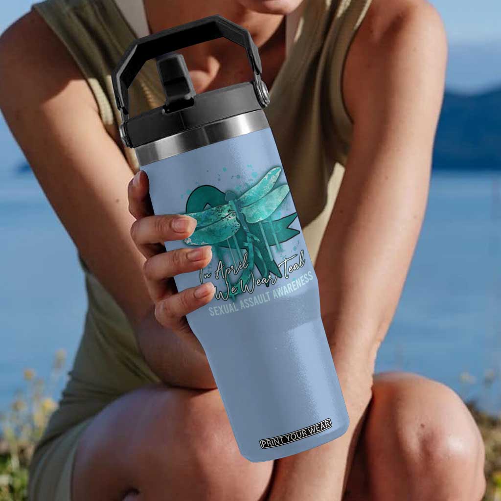 Sexual Assault Awareness Flip Straw Tumbler In April We Wear Teal Ribbon Butterfly TS02 One Size: 30 oz Light Blue Print Your Wear