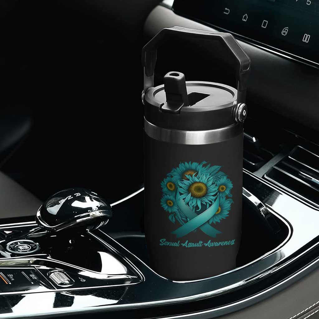 Sexual Assault Awareness Flip Straw Tumbler Teal Ribbon Sunflowers Support TS02 Print Your Wear