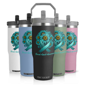 Sexual Assault Awareness Flip Straw Tumbler Teal Ribbon Sunflowers Support TS02 Print Your Wear