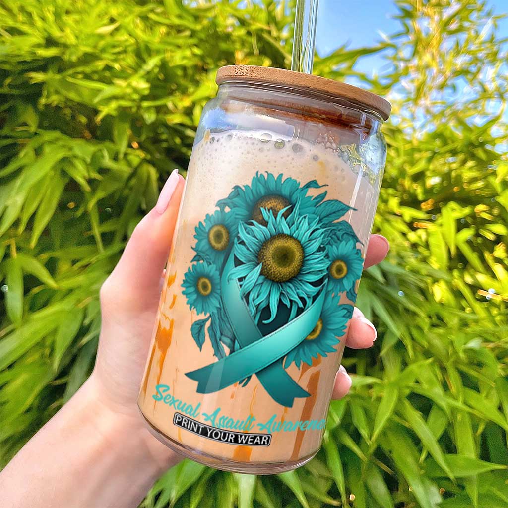 Sexual Assault Awareness Glass Can Teal Ribbon Sunflowers Support TS02 Print Your Wear