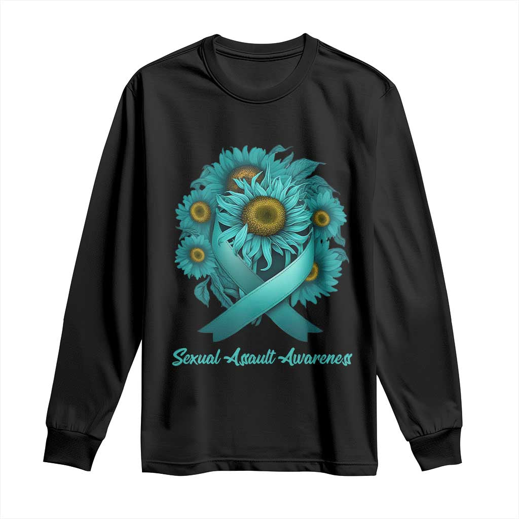 Sexual Assault Awareness Long Sleeve Shirt Teal Ribbon Sunflowers Support TS02 Black Print Your Wear