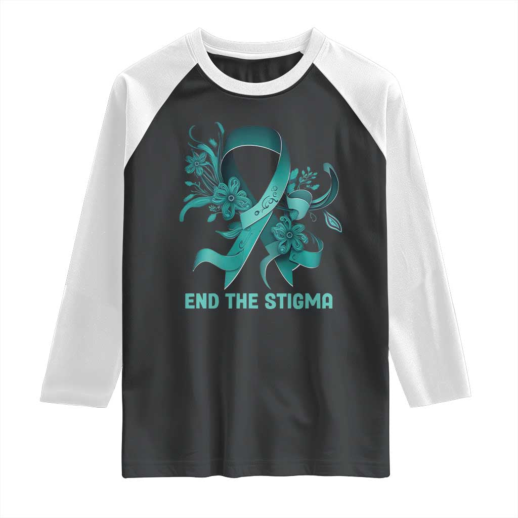 Sexual Assault Awareness Raglan Shirt End The Stigma Teal Floral Ribbon TS02 Black White Print Your Wear