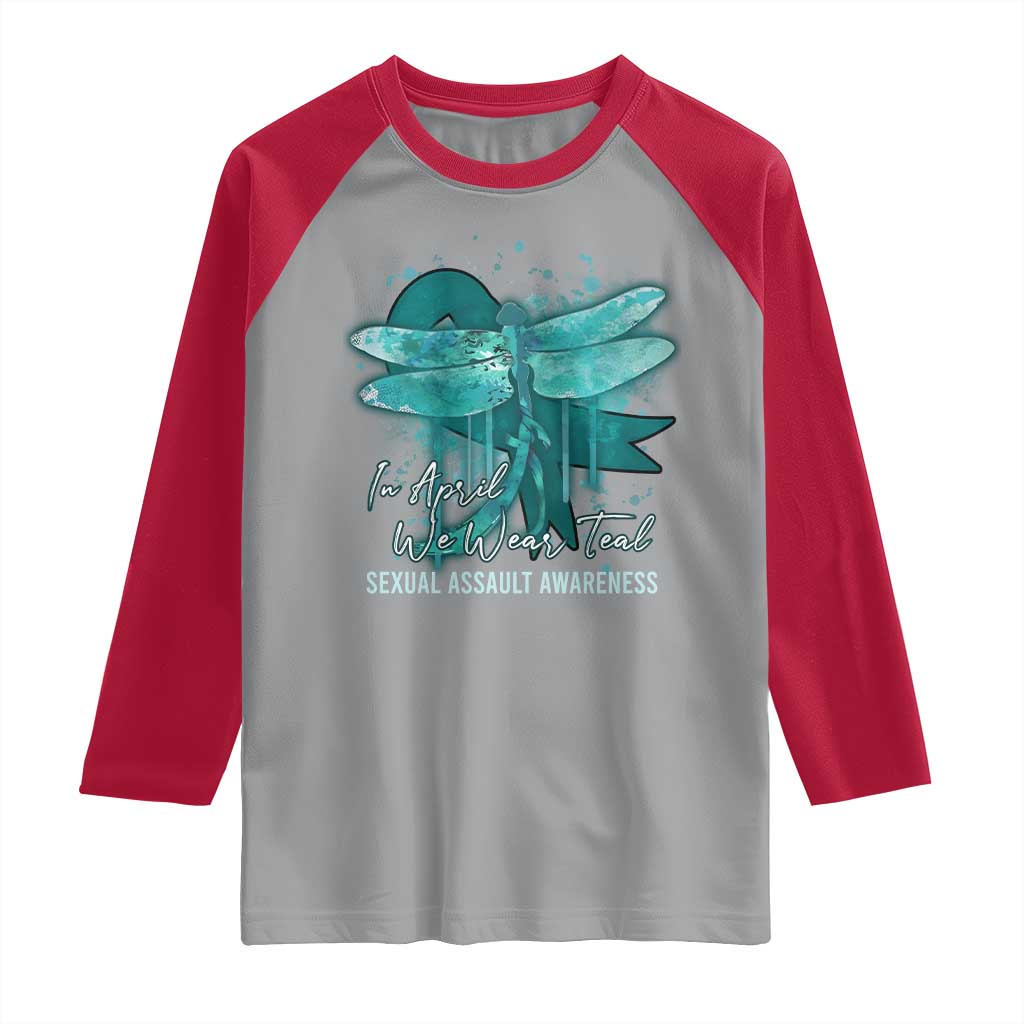 Sexual Assault Awareness Raglan Shirt In April We Wear Teal Ribbon Butterfly TS02 Sport Gray Red Print Your Wear