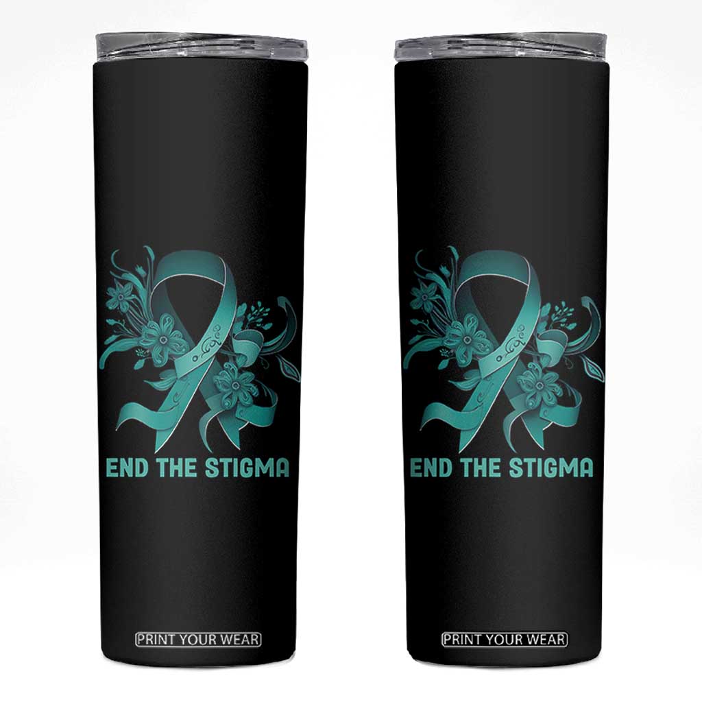 Sexual Assault Awareness Skinny Tumbler End The Stigma Teal Floral Ribbon TS02 Black Print Your Wear
