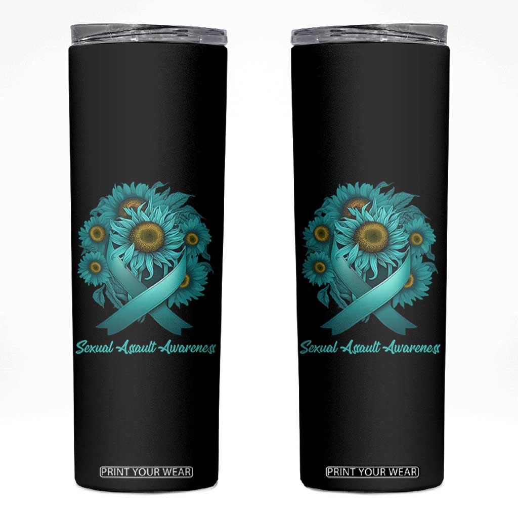 Sexual Assault Awareness Skinny Tumbler Teal Ribbon Sunflowers Support TS02 Black Print Your Wear