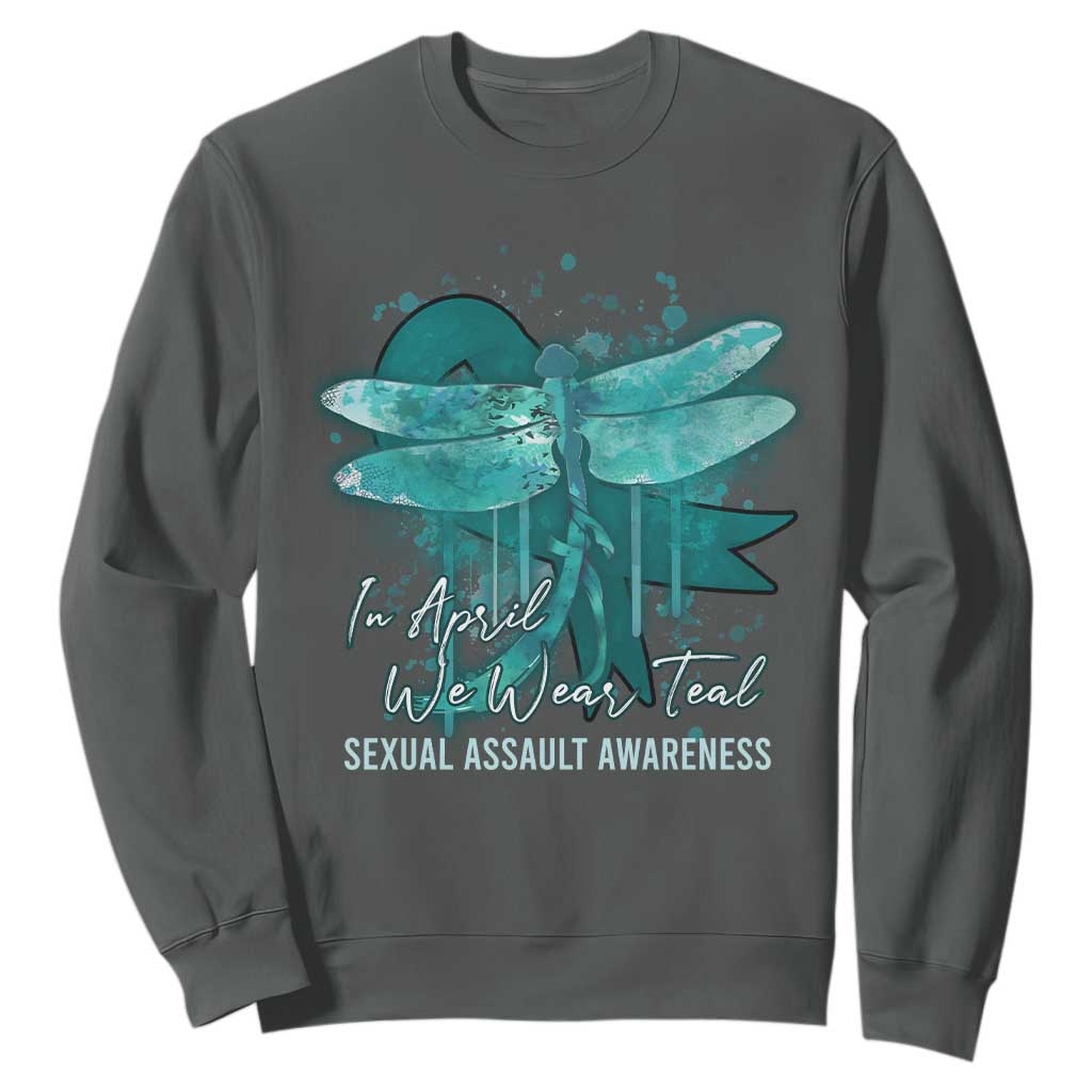 Sexual Assault Awareness Sweatshirt In April We Wear Teal Ribbon Butterfly TS02 Dark Heather Print Your Wear