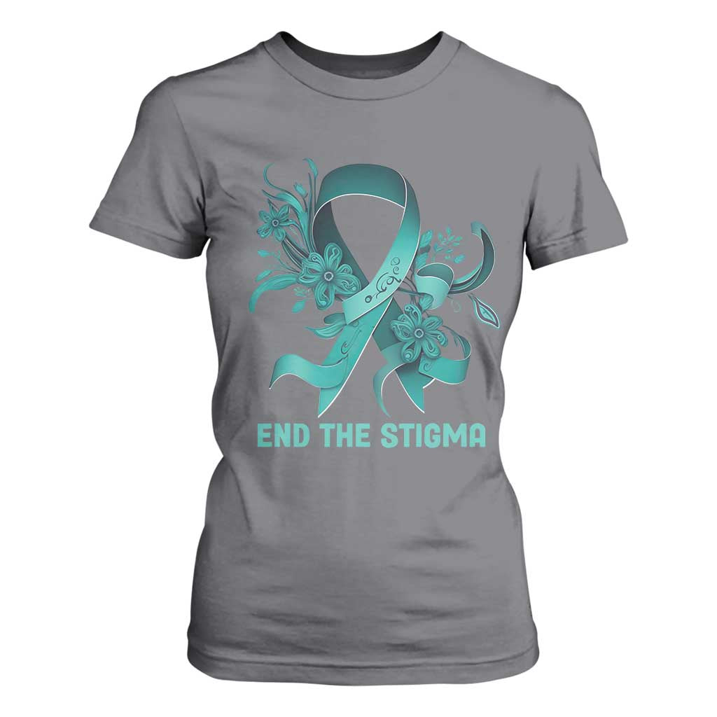 Sexual Assault Awareness T Shirt For Women End The Stigma Teal Floral Ribbon TS02 Charcoal Print Your Wear